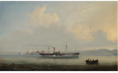 Philip John Ouless : THE JERSEY-ST.MALO PADDLE STEAMER SUPERB OUTWARD BOUND FROM ST. HELIER WITH ELIZABETH CASTLE ASTERN