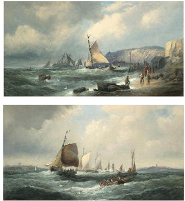 William Anslow Thornley : A MAN-OF-WAR AGROUND OFF A HEADLAND; FISHING BOATS OFF THE COAST