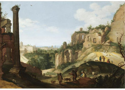 Willem Van Nieulandt II : A SOUTHERN LANDSCAPE WITH RUINS, POSSIBLY A CAPRICCIO VIEW OF ROME