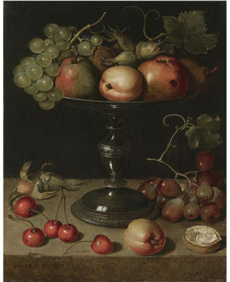 Clara Peeters : STILL LIFE WITH PEARS, AN APPLE, AN APRICOT, ALMONDS AND WALNUTS ON A TAZZA WITH GRAPES, A WALNUT, AN APRICOT, CHERRIES AND ALMONDS ON A STONE LEDGE