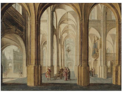 Jan Juriaensz Van Baden : A CHURCH INTERIOR WITH ALEXANDER THE GREAT CUTTING THE GORDIAN KNOT