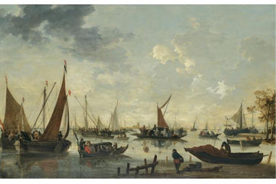 Hendrick Meyer : BOATS AND SHIPS ON THE RIVER MAAS, THE GROTE KERK AND DORDRECHT IN THE DISTANCE