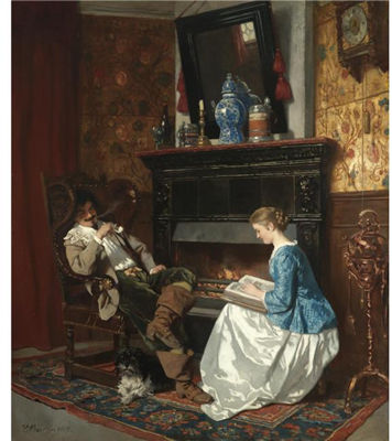 Karl Ludwig Friedrich Becker : JUNGE DAME AM KAMIN SITZEND (THE FIRESIDE STORY)