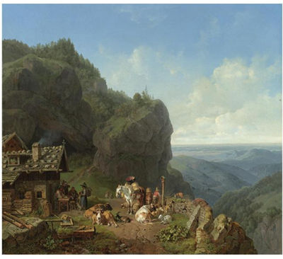 Heinrich Burkel : WIRTSHAUS AUF DER ALM MIT ALPZUG (TAVERN IN THE ALPS)