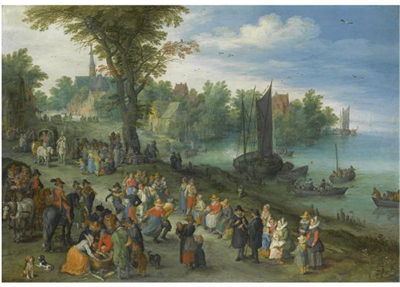 Jan (the Elder) Brueghel : THE EDGE OF A VILLAGE WITH FIGURES DANCING ON THE BANK OF A RIVER AND A FISH-SELLER AND A SELF PORTRAIT OF THE ARTIST IN THE FOREGROUND