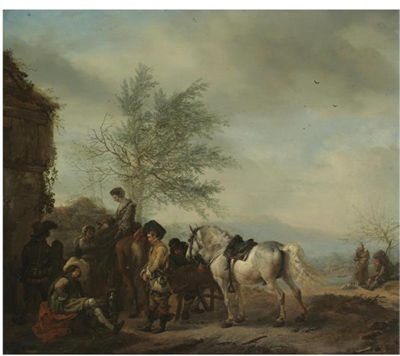 Philips Wouwerman : A LAKESIDE HALT WITH TRAVELLERS RESTING