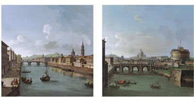 Antonio Joli : FLORENCE, A VIEW OF THE RIVER ARNO TOWARDS TO THE PONTE SANTA TRINITA AND THE PONTE VECCHIO;