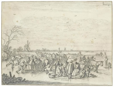 Pieter Molyn : A WINTER LANDSCAPE WITH WAGONS AND FIGURES ON A FROZEN RIVER