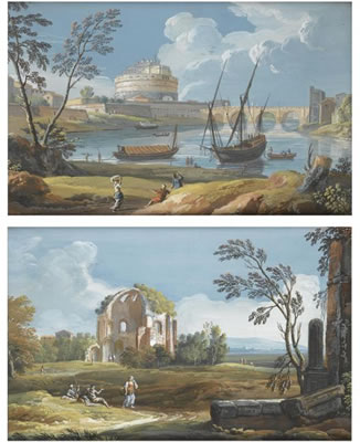 Giovanni Battista Busiri : A PAIR OF ROMAN VIEWS: THE TIBER WITH CASTEL SANT'ANGELO AND PONTE DEGLI ANGELI WITH BOATS AND FIGURES; THE TEMPLE OF MINERVA MEDICA AND FIGURES (pair)