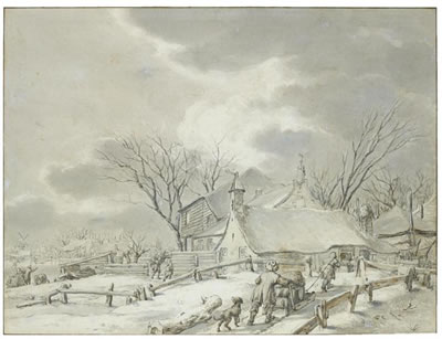 Jacob Cats : WINTER LANDSCAPE WITH PEASANTS WITH A SLEDGE BY A FARM, A TOWN BEYOND