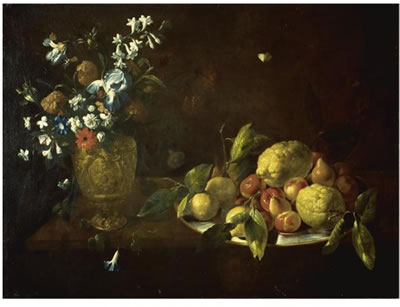 Giovanni Stanchi : STILL LIFE WITH FRUIT PILED HIGH ON A PLATE BESIDE A BRONZE URN FILLED WITH FLOWERS