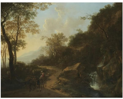 Jan Dirksz Both : A MOUNTAINOUS ITALIANATE LANDSCAPE WITH TRAVELLERS PASSING A STREAM