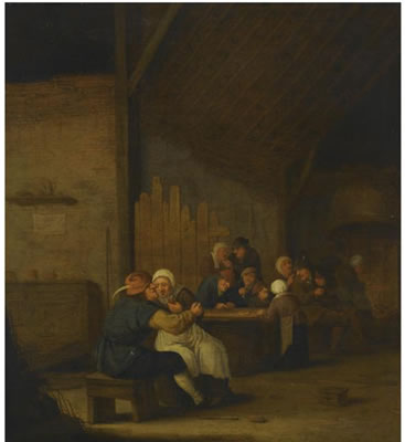 Bartholomeus Jansz Molenaer : A TAVERN SCENE WITH PEASANTS DRINKING AND SMOKING