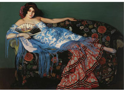 Ignacio Zuloaga Y Zabaleta : LOLITA, MUJER TENDIDA CON CHAL AZUL (LOLITA RECLINIGN IN A BLUE SHAWL)