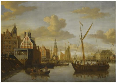 Jacobus Storck : A VIEW OF AMSTERDAM,WITH THE PAALHUIS AT THE NIEUWE BRUG OVER THE DAMRAK IN THE FOREGROUND, AND THE HARINGPAKKERSTOREN AND THE NIEUWE STADSHERBERG IN THE DISTANCE