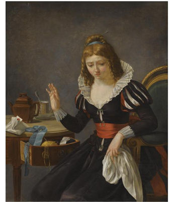 François Maury : AN ELEGANTLY DRESSED LADY SEATED AT A TABLE AND HOLDING A WHITE HANKERCHIEF