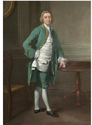 Francis Hayman : PORTRAIT OF A GENTLEMAN, POSSIBLY MR GOODYEAR ST. JOHN, FULL LENGTH, STANDING BY A TABLE, WEARING A GREEN SUIT WITH A WHITE SILK WAISTCOAT