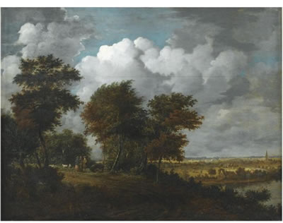 Philip De Koninck : AN EXTENSIVE LANDSCAPE WITH FIGURES AND SHEEP ON A PATH THROUGH WOODLAND TO THE LEFT, AND A DISTANT VIEW ACROSS A RIVER TO A BROAD PLAIN TO THE RIGHT