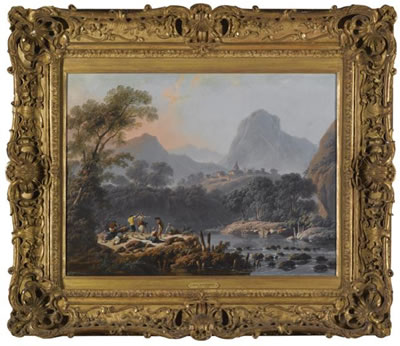 Jean-Baptiste Pillement : A MOUNTAINOUS LANDSCAPE WITH PEASANTS MAKING MERRY ON THE BANK OF A RIVER