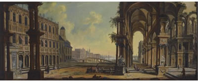 Christian Stocklin : CAPRICCIO WITH ARCHITECTURAL RUINS AND A DISTANT VIEW OVER A LAKE