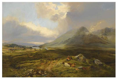 Alexander (The Younger) Fraser Jr : FIGURES AND CATTLE RESTING BESIDE LOCH AWE