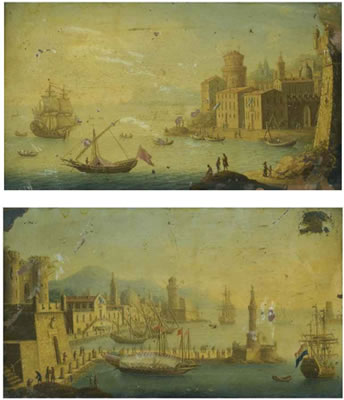 Orazio Grevenbroeck : A CAPRICCIO COSTAL VIEW OF A MEDITERRANEAN TOWN WITH A SHIP MOORED OFFSHORE A CAPRICCIO OF A MEDITERRANEAN HARBOUR SCENE (pair)