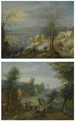 Karel (Charles) Beschey : A WINTER LANDSCAPE WITH HUNTERS AND SKATERS ON A FROZEN RIVER RUNNING THROUGH A VILLAGE;  A SUMMER LANDSCAPE WITH VILLAGERS RESTING BY A STREAM  (Pair)