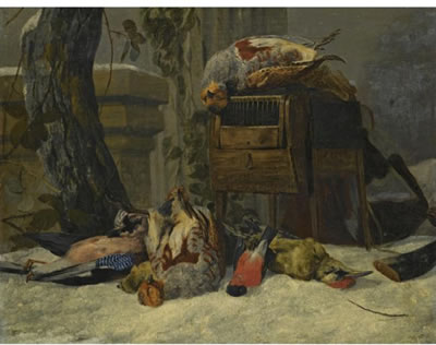 Pieter Boel : STILL LIFE WITH DEAD GAME AND SONGBIRDS IN THE SNOW