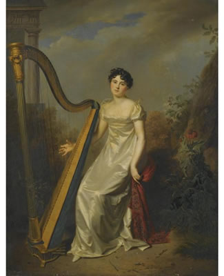 Firmin Massot : PORTRAIT OF A LADY, SAID TO BE THE MARQUISE DE CHAMILLARD, WEARING A WHITE DRESS AND SEATED BESIDE A HARP, A LANDSCAPE BEYOND