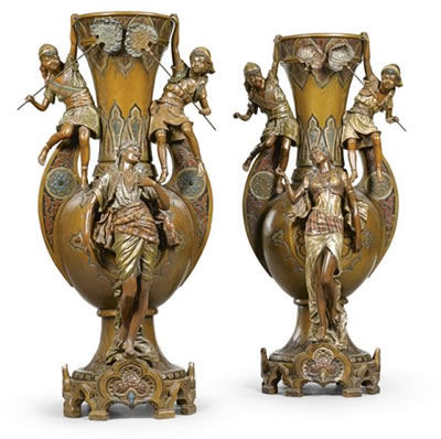 Louis Hottot : A PAIR OF POLYCHROME DECORATED VASES 20TH CENTURY (2)