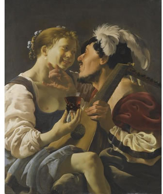 Hendrick Ter Brugghen : A LUTEPLAYER CAROUSING WITH A YOUNG WOMAN HOLDING A ROEMER