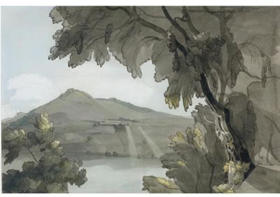 Francis Towne : LAKE OF ALBANO, MORNING SUN RISING OVER ROCCA DEL PAPA