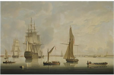 Thomas Buttersworth : A BRITISH MAN-OF-WAR BEING TOWED INTO PORTSMOUTH HARBOUR BY A STEAM TUG