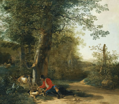 Adam Pynacker : Schiedam near Rotterdam 1620 (?)- 1623 Amsterdam a peasnat playing with his dog while resting at the margin of a wood