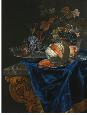 Christian Berentz : STILL LIFE WITH A MELON AND A PEACH ON A SILVER PLATTER, TOGETHER WITH A GLASS BOWL OF GRAPES AND A TRAY OF ASSORTED GLASSWARE ON A MARBLE TABLE TOP PARTLY DRAPED WITH A BLUE CLOTH