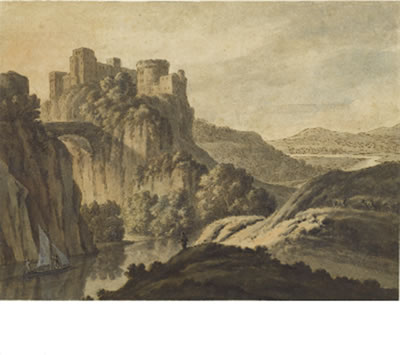 Robert Adam : A RIVER LANDSCAPE WITH A CASTLE ON AN ESCARPMENT