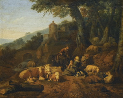 Johann Heinrich Roos : A LANDSCAPE WITH DROVERS AND THEIR FLOCK AT REST