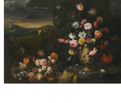 Francesco Mantovano : TWO STILL LIFES, EACH WITH VASES OF FLOWERS IN A COASTAL LANDSCAPE SETTING