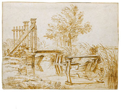 Anthonie Borssom : A BRIDGE ACROSS A SMALL CANAL, WITH MOORED BOATS