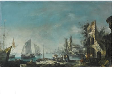 Antonio Stom : A  CAPRICCIO  HARBOUR  VIEW  WITH  FIGURES  CONVERSING  AND  SHIPS  AT  ANCHOR