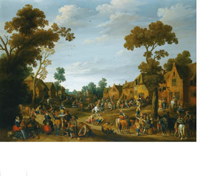 Joost Cornelisz Droochsloot : A  BUSY  VILLAGE  SCENE  WITH  SOLDIERS  AND  PEASANTS