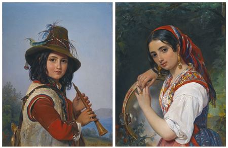 Pimen Nikitich Orlov : PORTRAIT OF AN ITALIAN SHEPHERD BOY WITH A FLUTE AND A SHEPHERD GIRL WITH A TAMBOURINE