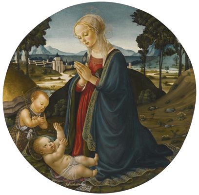 Francesco Botticini : THE MADONNA AND CHILD WITH THE INFANT SAINT JOHN THE BAPTIST IN A LANDSCAPE