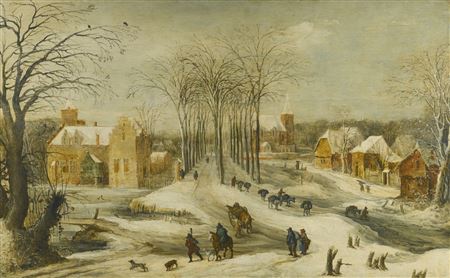 Joos De Momper II : WINTER LANDSCAPE WITH TRAVELLERS PASSING THROUGH AN AVENUE OF TREES