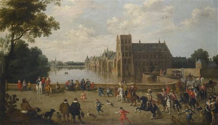 Joost Cornelisz Droochsloot : THE PRINCES OF ORANGE LEAVING THE BUITENHOF AND PASSING THE WESTERN SIDE OF THE HOFVIJVER IN THE HAGUE.