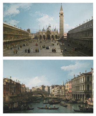 Canaletto : VENICE, A VIEW OF PIAZZA SAN MARCO LOOKING EAST TOWARDS THE BASILICA; VENICE, THE GRAND CANAL LOOKING NORTH-EAST FROM THE PALAZZO DOLFIN-MANIN TO THE RIALTO BRIDGE