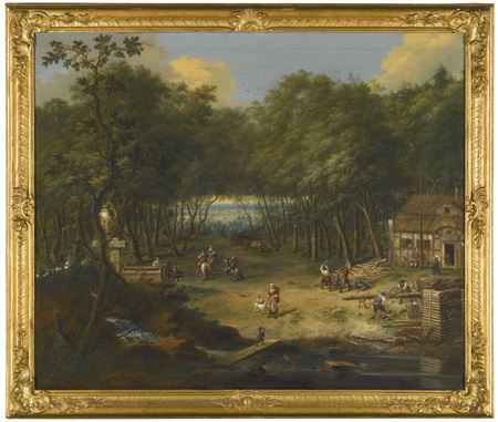 Johann Christian Vollerdt : FOREST CLEARING WITH A SAWMILL AND FIGURES BY A FOUNTAIN