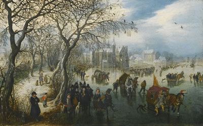 Adriaen Pietersz van de Venne : WINTER LANDSCAPE WITH ELEGANT FIGURES ON THE ICE BEFORE A TOWN