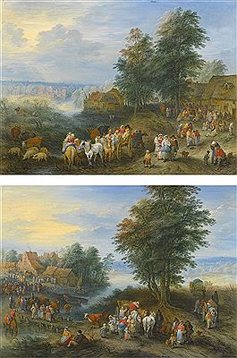 Theobald Michau : TRAVELLERS AND THEIR HERDS DEPARTING FROM A VILLAGE; TRAVELLERS UNPACKING THEIR CARTS AND ENTERING A VILLAGE (2)