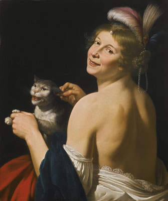 Jan Hermansz Van Bijlert : A YOUNG WOMAN PLAYING WITH A CAT